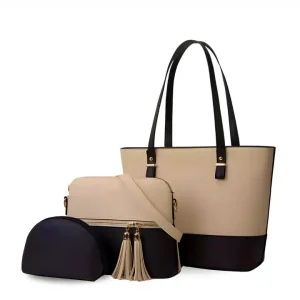 Bella Handbag Beige Black 3 Piece Set