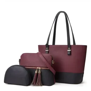 Bella Maroon Black Handbag Set