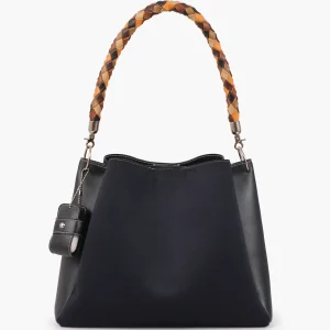 Black Suede Handbag with Braided Handle Scaled 1