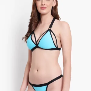 Blue Solid Designer Bikini Bra Set with smooth fabric and comfortable fit