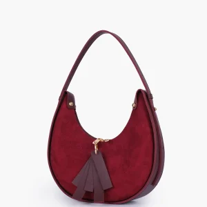 Burgundy Suede Crescent Hobo Bag