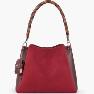 Burgundy Suede Handbag with Braided Handle Scaled 1