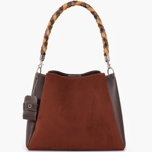 Dark Brown Suede Handbag with Braided Handle Scaled 1