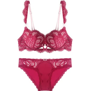 Deep V Push Up Lace Bra and Panty Set, front view showing plunging neckline and lace details