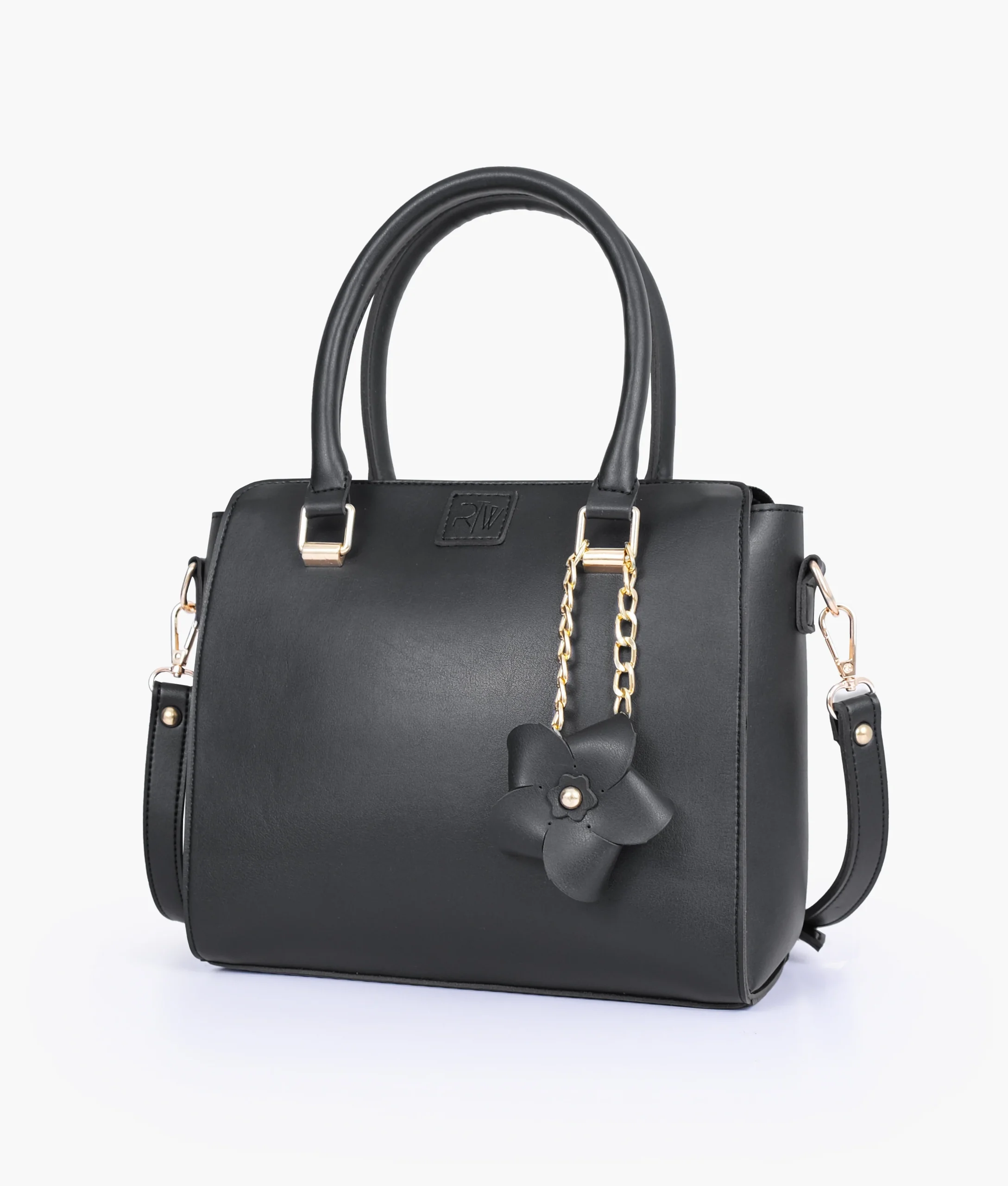 Elegant Black Handbag with Flower Charm