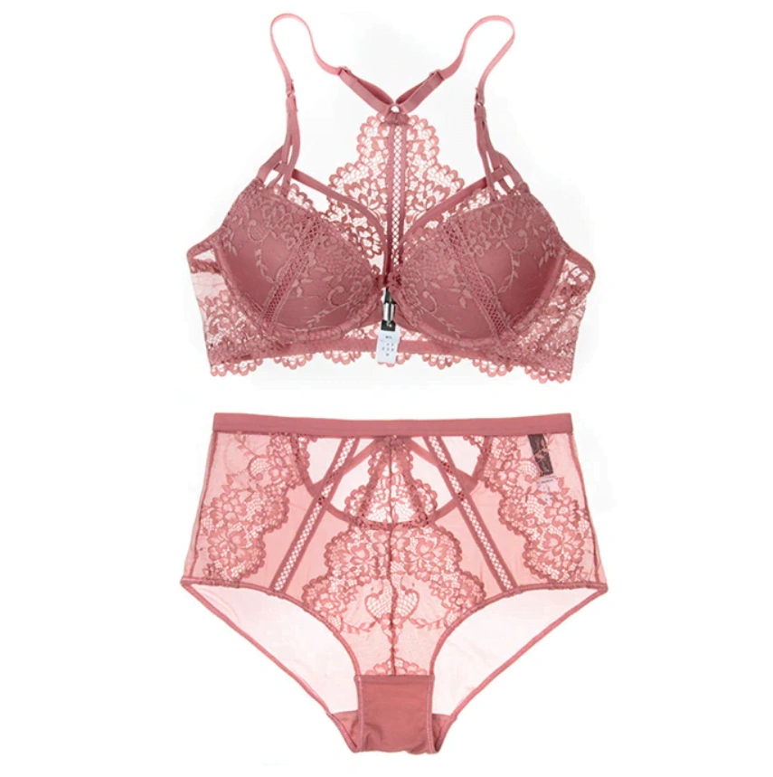 Floral Lace Front Closure Backless Push Up Bra Set, front view highlighting lace detail and plunging neckline