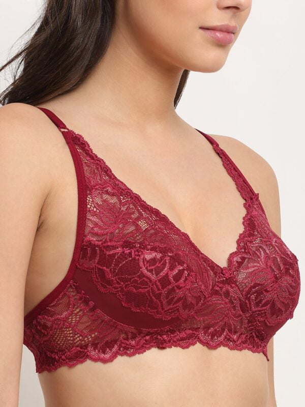 Maroon Self Design Non Padded Women Bra Set 3 front view highlighting delicate self-pattern and soft fabric