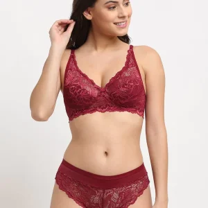 Maroon Self Design Non Padded Women Bra Set with soft fabric and elegant self-pattern detailing