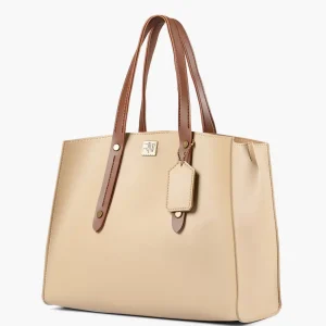 Off White with Brown Multi Compartment Satchel Bag