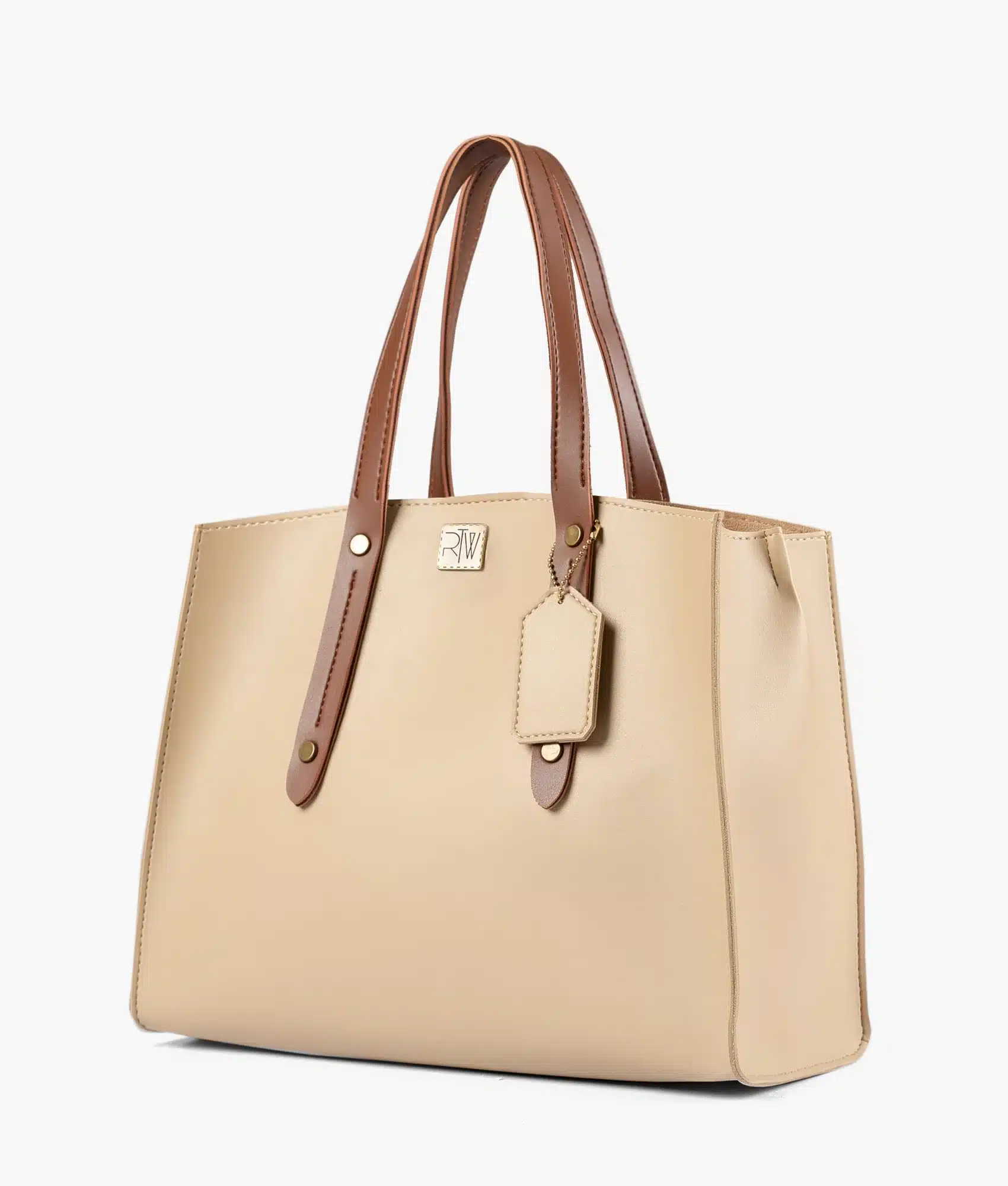 Off White with Brown Multi Compartment Satchel Bag